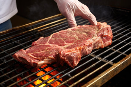 hand laying out t-bone steak on a hot grill grate, created with generative aiの素材
