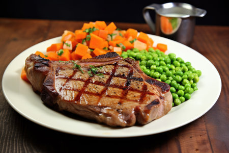 t-bone steak with diced carrots and peas on a plate, created with generative aiの素材