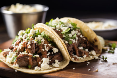 grilled beef taco with refried beans and queso fresco, created with generative aiの素材