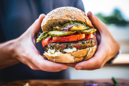 hand holding a gourmet grilled veggie burger, created with generative aiの素材