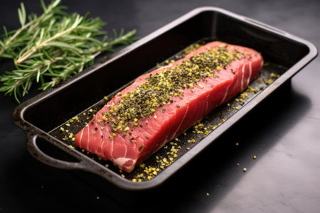 herb rub on raw steak, placed in a black tray, created with generative aiの素材
