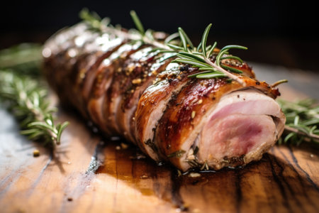 macro image of a rotating pork loin covered with rosemary and thyme, created with generative aiの素材