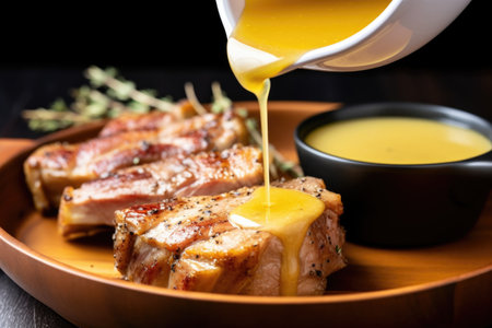 pork chop being dipped into a bowl of honey mustard sauce, created with generative aiの素材
