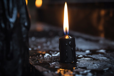 close-up of black candle being lit in a kinara, created with generative aiの素材