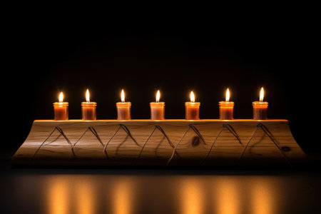 a wooden kinara with six candles lit, about to light the seventh, created with generative aiの素材