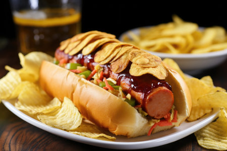 hot dog in a bun with a side of potato chips, created with generative aiの素材