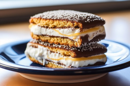 close-up of a bitten vanilla ice cream sandwich on a ceramic plate, created with generative aiの素材