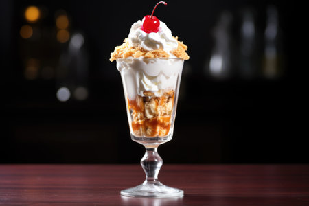 a tall ice cream sundae with whipped cream and a cherry, created with generative aiの素材