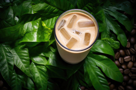 a drone shot of an iced chai latte among greenery, created with generative aiの素材