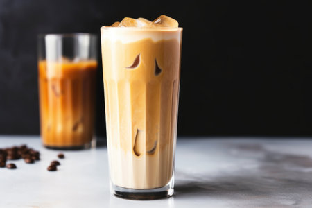 a half-finished iced chai latte revealing layers of milk and tea, created with generative aiの素材