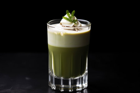 iced matcha drink topped with cream on a black surface, created with generative aiの素材