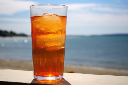 condensation on an iced tea glass with a beach background, created with generative aiの素材
