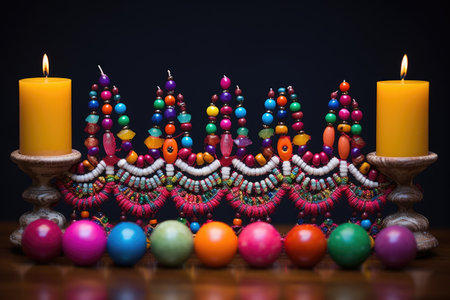 clay menorah adorned with multi-colored beads, created with generative aiの素材