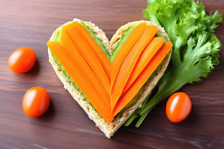 heart-shaped sandwich with carrot slices around it, created with generative aiの素材