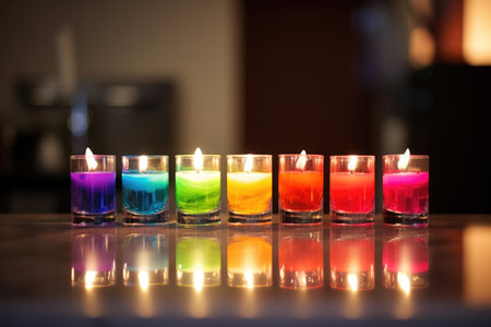 seven colored candles in a candle holder shot from a distance, created with generative aiの素材