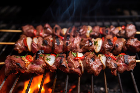 lamb skewers just placed on the grill, smoke rising, created with generative aiの素材