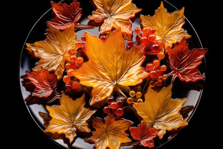 a decorative plate covered with shiny-varnished fall leaves, created with generative aiの素材