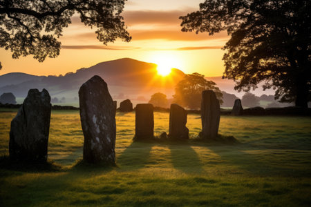 sunrise over a standing stone circle, created with generative aiの素材