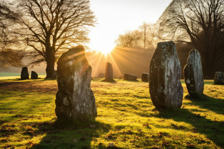 solstice stone circle in afternoon sunlight, created with generative aiの素材