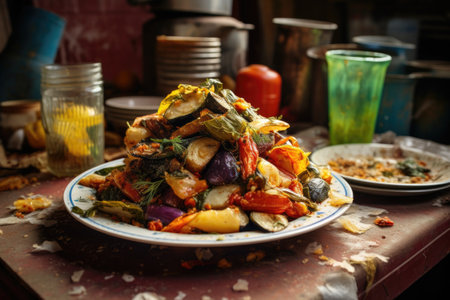 a plate of untouched grilled vegetables beside a stack of dirty dishes, created with generative aiの素材