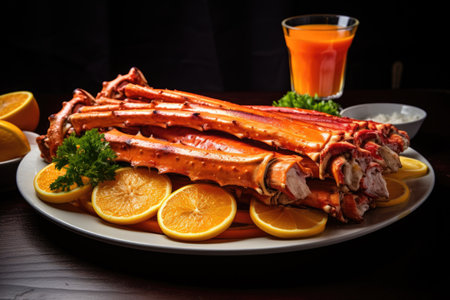 crab legs with some meat left on a plate, created with generative aiの素材