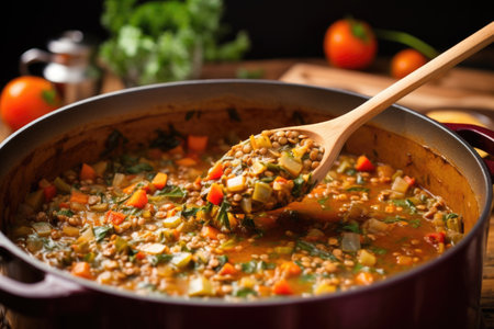 stirring vegetable lentil soup with a wooden spoon, created with generative aiの素材