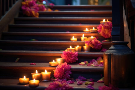 diwali candles on wooden steps for a graded glow, created with generative aiの素材