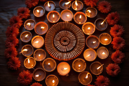 brightly lit earthen diyas arranged in a circle, created with generative aiの素材