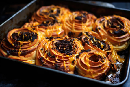 orange and black cinnamon rolls on a baking tray, created with generative aiの素材