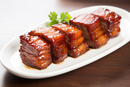 glazed pork belly slices on a white porcelain plate, created with generative aiの素材