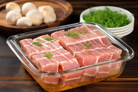 raw pork belly slices marinating in clear, glass dish, created with generative aiの素材