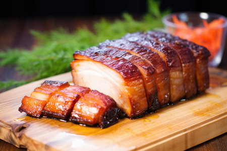marinated pork belly on a wooden board, created with generative aiの素材