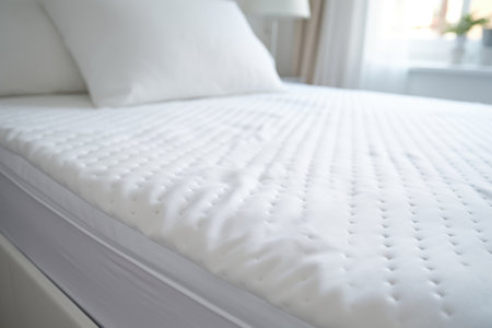 close-up of a mattress topper on a double bed, created with generative aiの素材