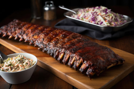 memphis ribs presented on a tray with a side of coleslaw, created with generative aiの素材