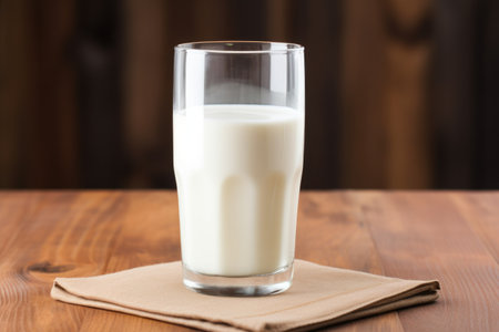 full glass of milk on a wooden table, created with generative aiの素材