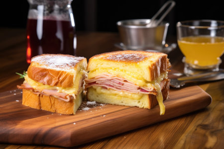 monte cristo sandwich with a wooden backdrop, created with generative aiの素材
