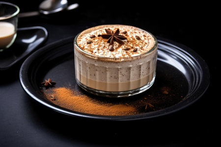 cappuccino mousse with a sprinkle of cinnamon on a black plate, created with generative aiの素材
