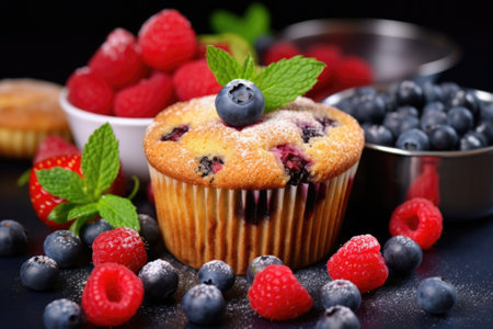 a muffin surrounded by whole berries, created with generative aiの素材