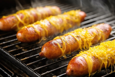 close view of sausages on a grill being coated in mustard, created with generative aiの素材