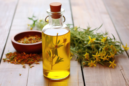 a bottle of saint johns wort tincture on a light wood surface, created with generative aiの素材