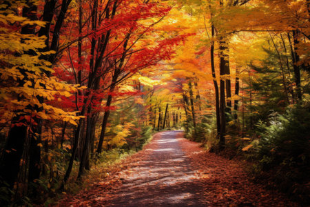 forest trail through the vibrant autumn foliage, created with generative aiの素材