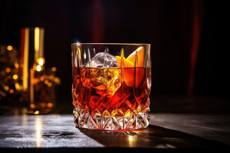 backlit negroni with ice glistening in glass, created with generative aiの素材