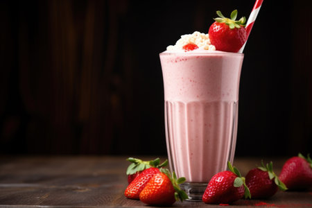 profile shot of a glass of strawberry milkshake with a straw, created with generative aiの素材
