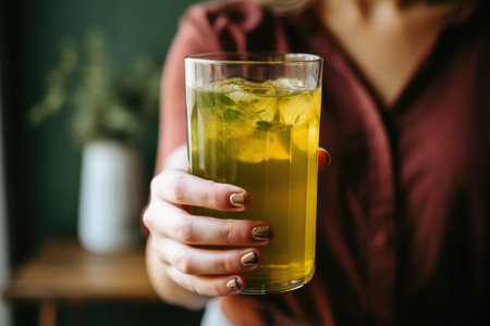 hand holding a tall glass of iced green tea, created with generative aiの素材