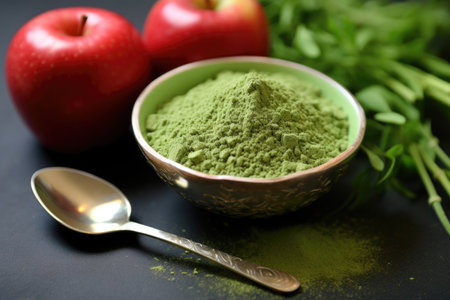 green superfood powder on silver spoon next to a green apple, created with generative aiの素材