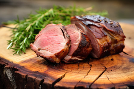 close-up of smoked lamb on oak wood chunks, created with generative aiの素材