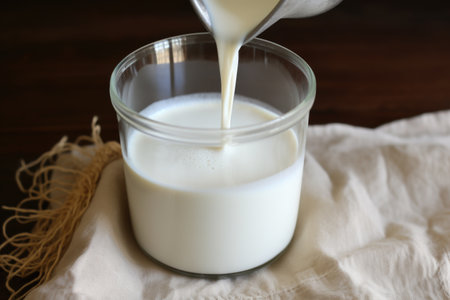 crafting homemade oat milk captured mid-squeeze through a fine-mesh bag, created with generative aiの素材