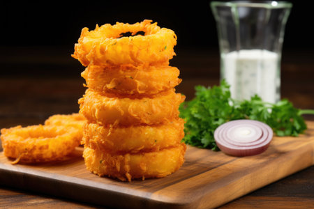 onion rings stacked like a pyramid on a chopping board, created with generative aiの素材
