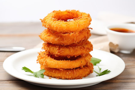 onion rings stacked on a white plate, created with generative aiの素材