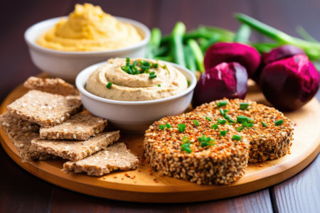 whole grain bread with falafel and dollops of hummus, created with generative aiの素材